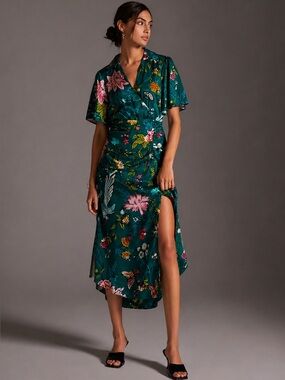 Maeve by Anthropologie Buttonfront Shirt Dress Green Botanical Birds Size 12